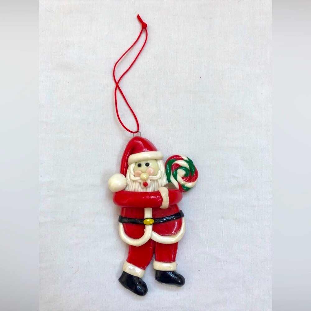 Santa Ornament Christmas Clay Vintage Hanging Red White Green Black Lolli Pop